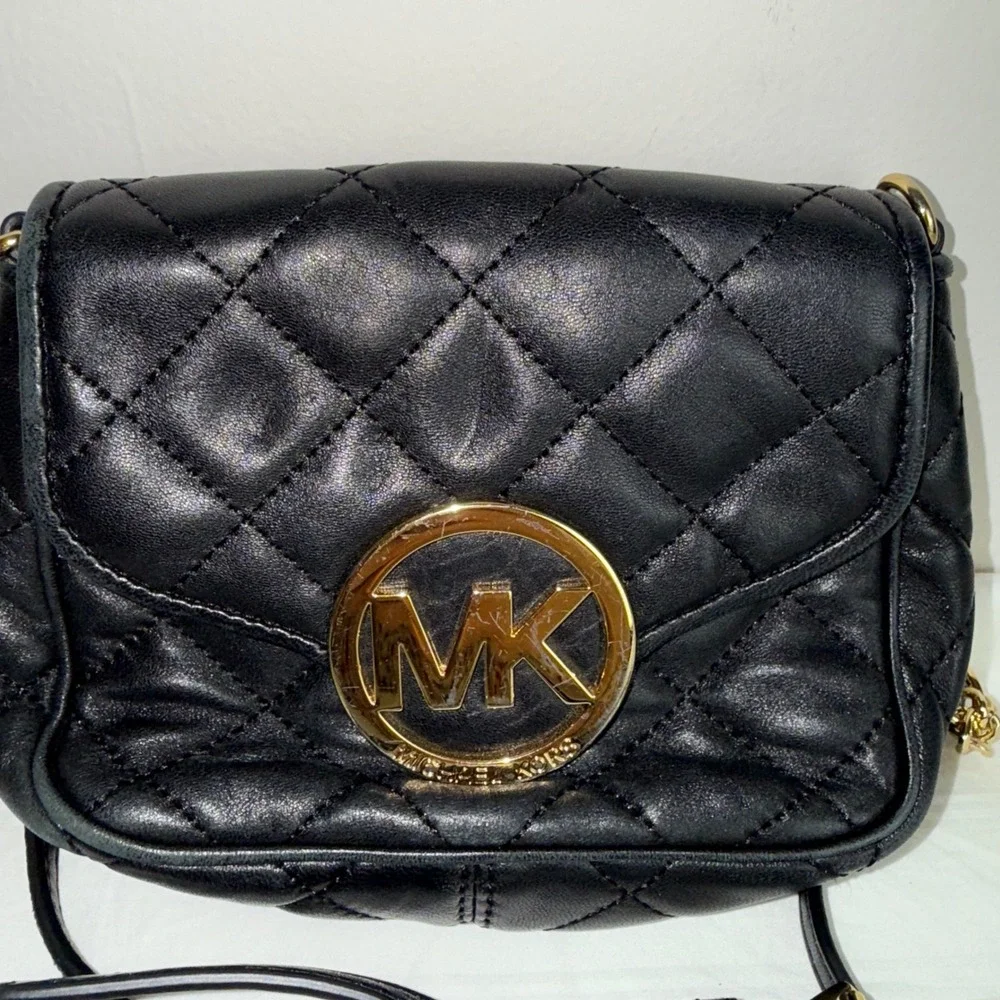 Michael Kors Black Quilted‎ Leather Crossbody Bag Gold Chain MK Logo